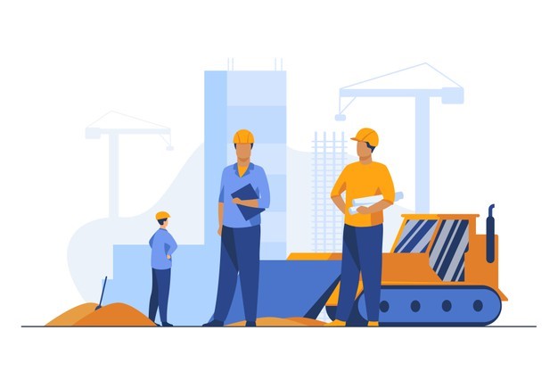 Grafika przedstawia konstruktorów w kaskach, pracujących na budowie, spychacz oraz budynek