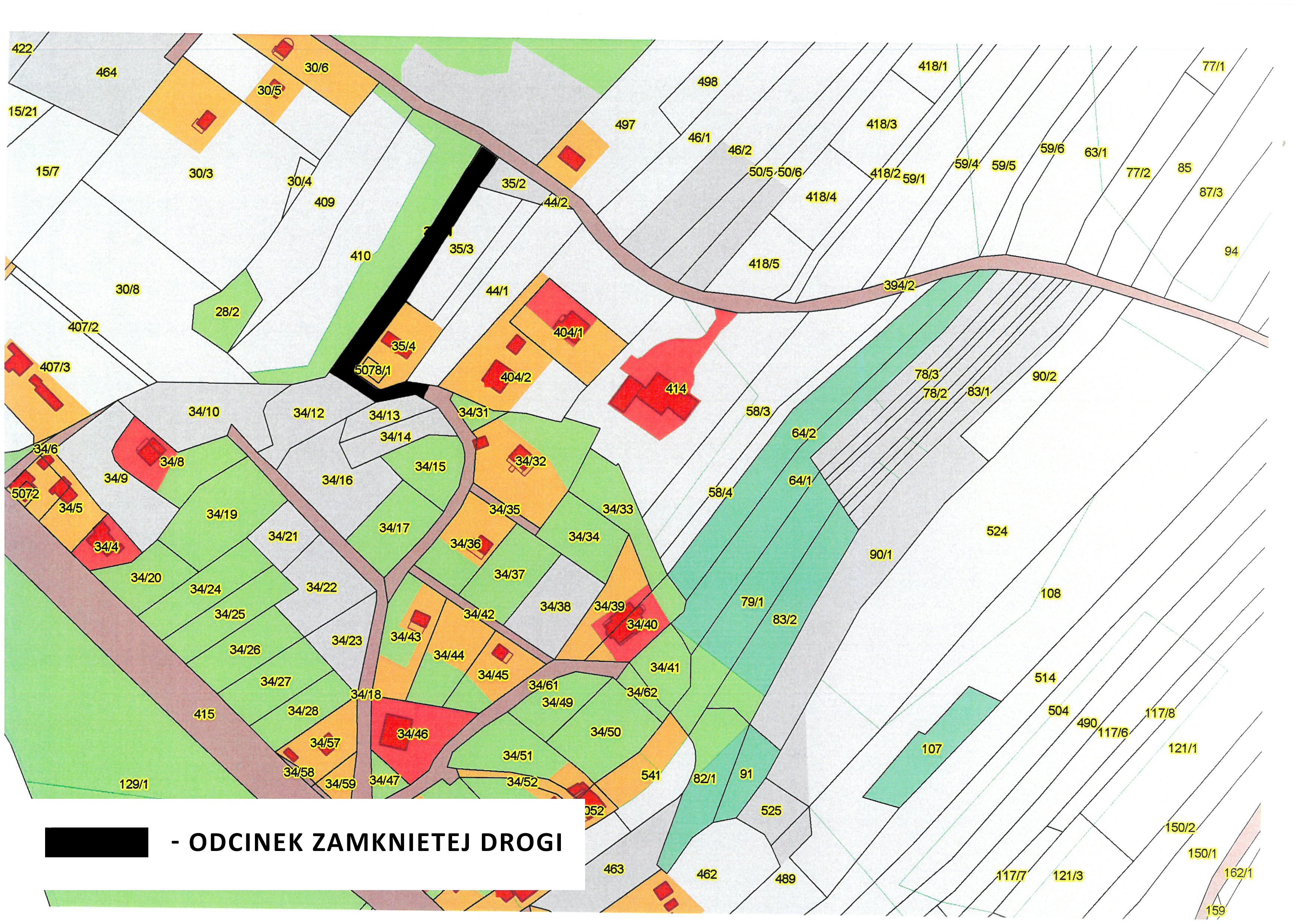 Mapa z umiejscowieniem zamkniętej drogi